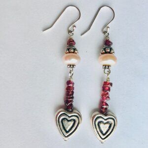 Sterling Silver Heart, Pearl & Garnet Dangle Earrings